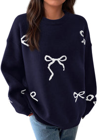 PRETTYGARDEN Fall Long Sleeve Pullover Sweaters for Women Trendy Crewneck Casual Cute Bow Chunky Knit Oversized Sweater
