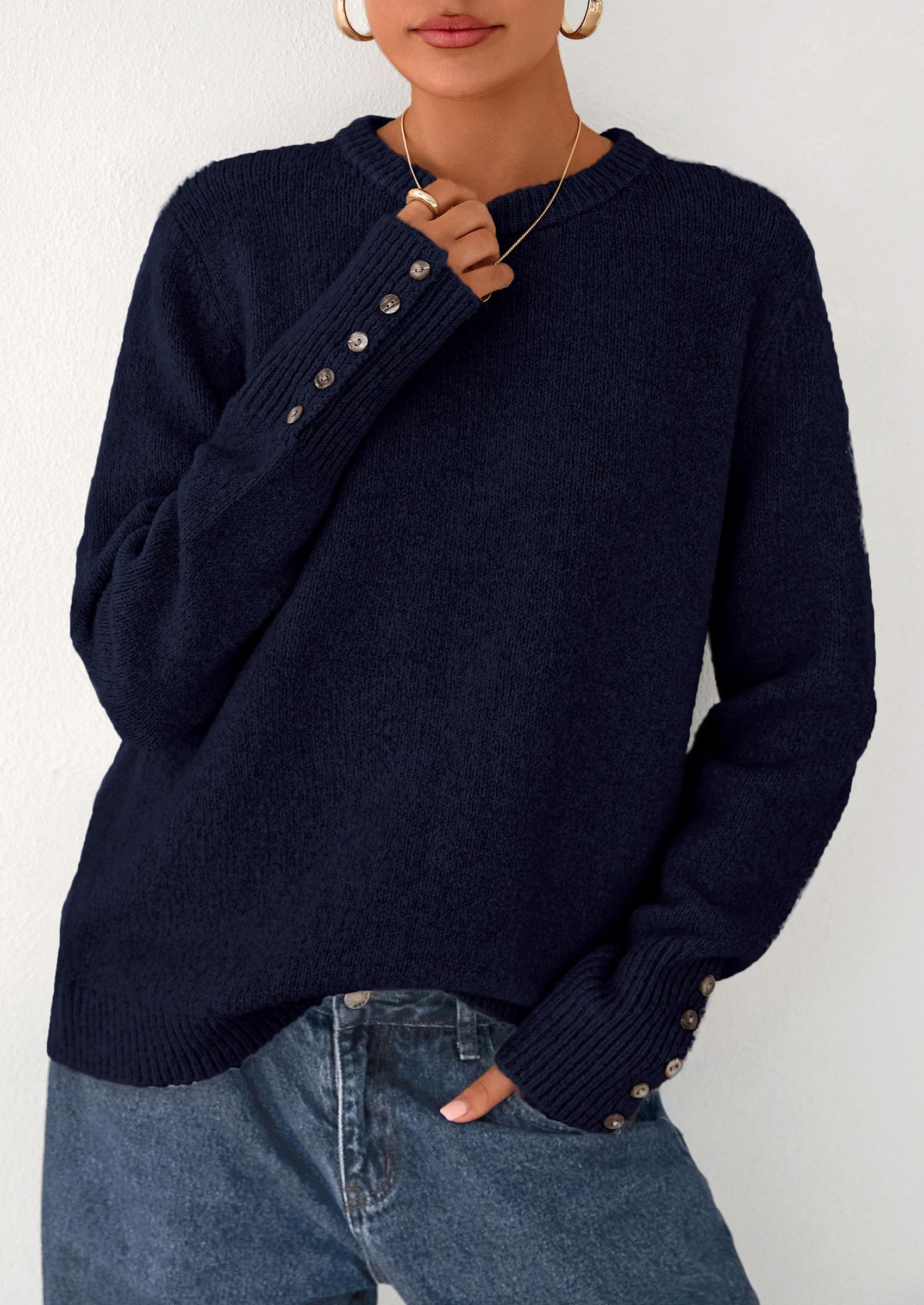 PRETTYGARDEN Womens Sweaters Fall Fashion Casual Crewneck Pullover Button Long Sleeve Cute Knit Tops Winter Clothes