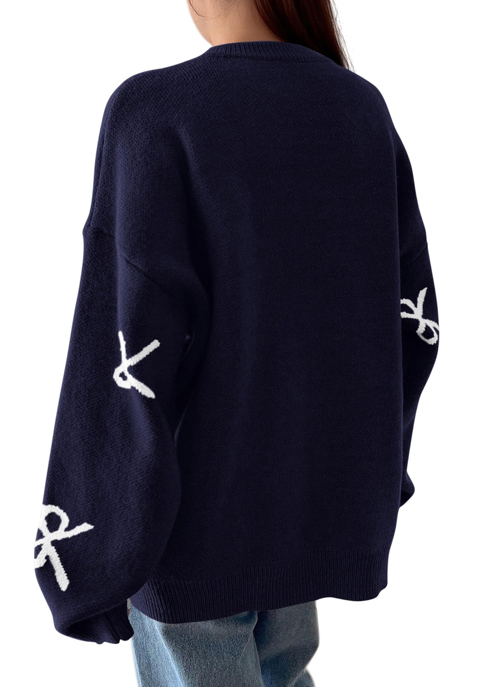 PRETTYGARDEN Fall Long Sleeve Pullover Sweaters for Women Trendy Crewneck Casual Cute Bow Chunky Knit Oversized Sweater