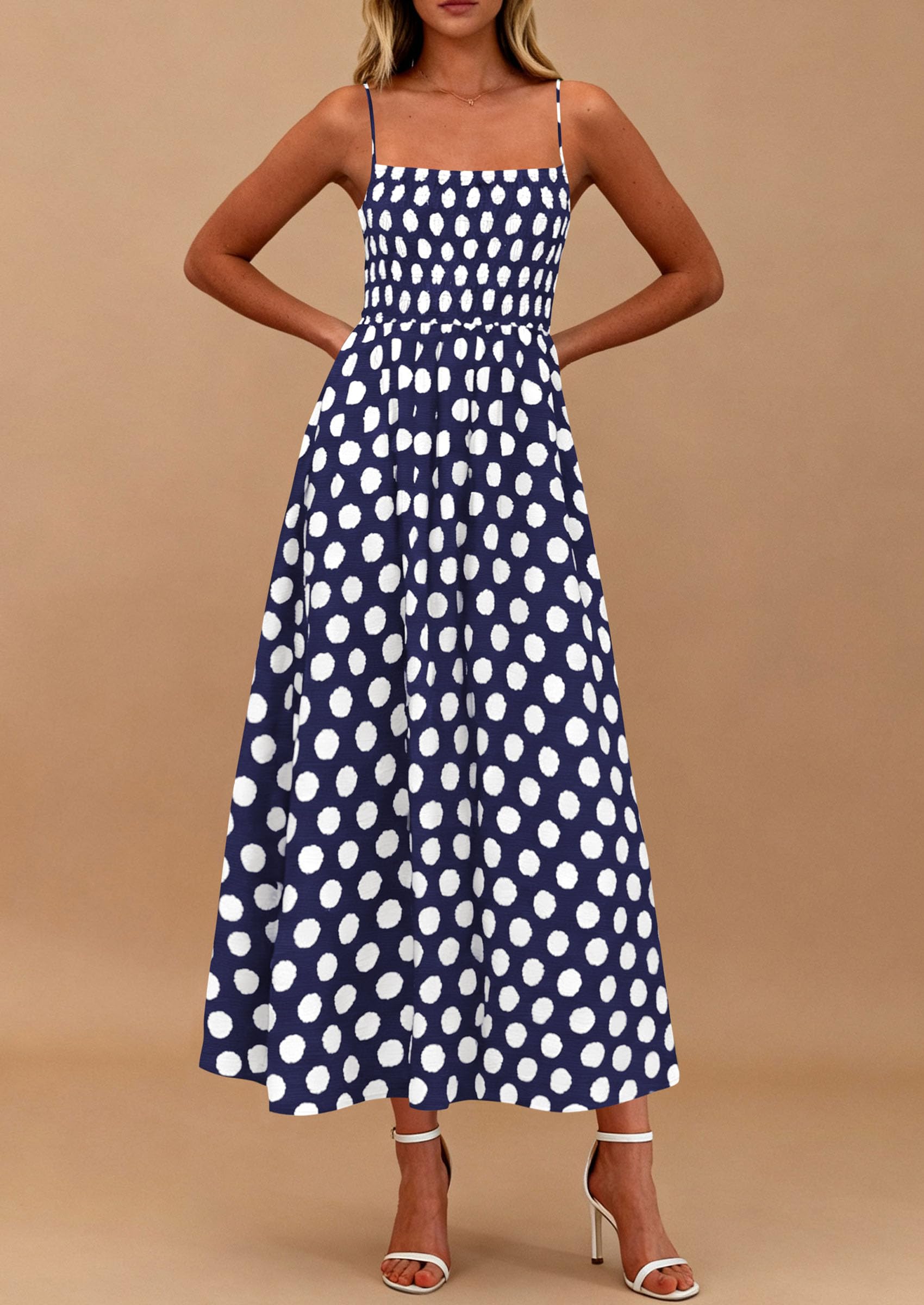 PRETTYGARDEN Womens Summer Dresses Spring Sleeveless Spaghetti Straps Casual Midi Dress Polka Dot Smocked Beach Sundress PRETTYGARDEN