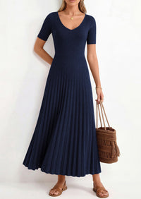 PRETTYGARDEN Women's Spring Midi Sweater Dresses Elegant Pleated Ribbed Knit Short Sleeve V Neck A Line Summer Outfits PRETTYGARDEN