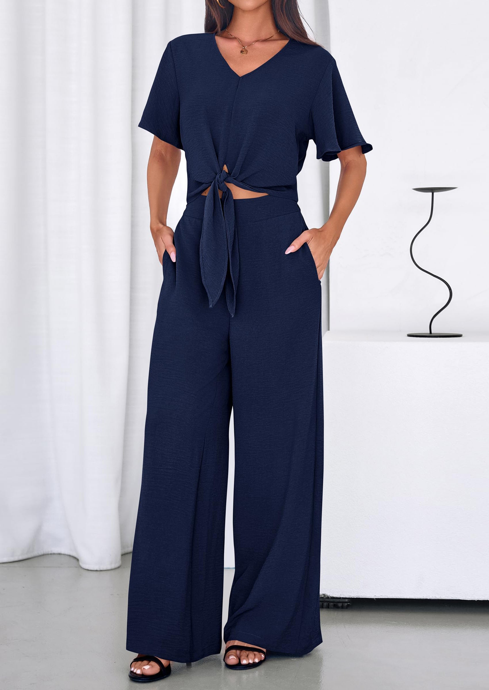 PRETTYGARDEN Women 2 Piece Summer Outfits Short Sleeve Strappy Top Wide Leg Pants Tracksuit Lounge Sets Beach Clothes PRETTYGARDEN