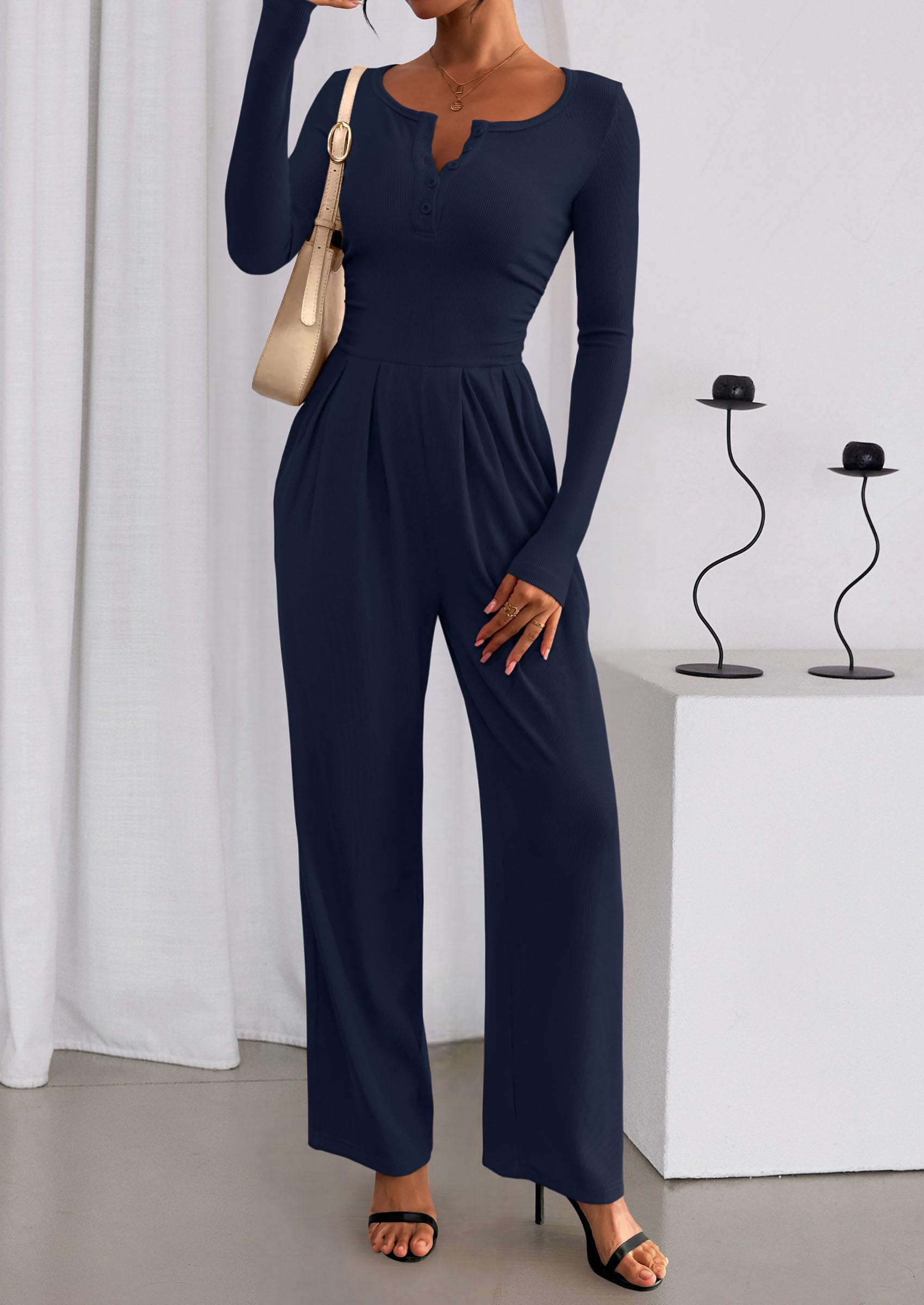 PRETTYGARDEN Jumpsuits for Women Dressy Casual Fall One Piece Outfits Long Sleeve Crew Neck Wide Leg Pants Rompers