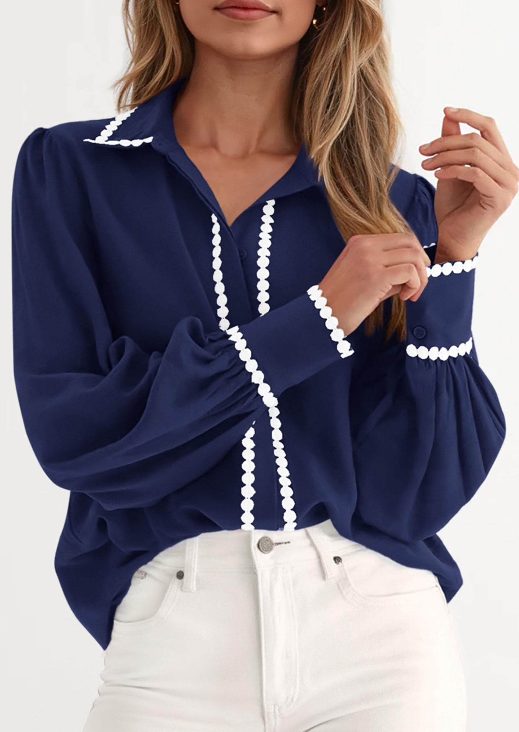 PRETTYGARDEN Womens Long Sleeve Button Down Shirts Trendy V Neck Loose Fit Fall Tops Collared Dressy Casual Blouses