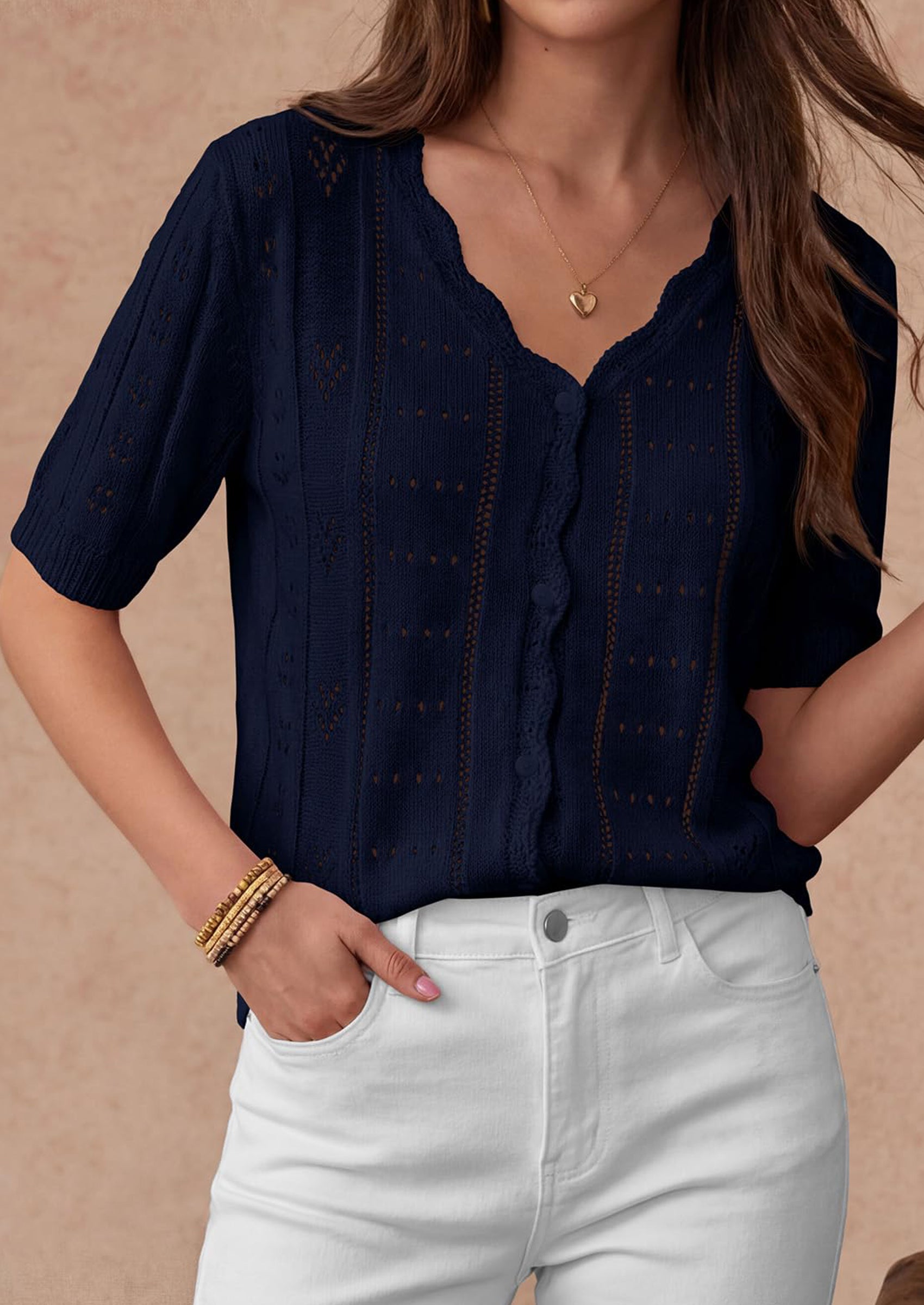 PRETTYGARDEN Womens Short Sleeve Crochet Knit Sweater Spring Fashion Button Down Lightweight Cardigans Summer Tops PRETTYGARDEN