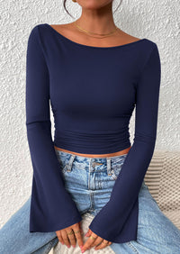 PRETTYGARDEN Women's Long Sleeve Shirts Fall Going Out Tops Casual Boat Neck Bell Sleeve Ribbed Ruched Y2K Clothes