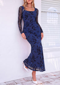 PRETTYGARDEN Women's Long Sleeve Floral Maxi Bodycon Dress  Cocktail Dresses for Wedding Guest, Square Neck, Stretchy Mesh, Elegant Classy, Formal Holiday Party, Fall Date Night Outfits