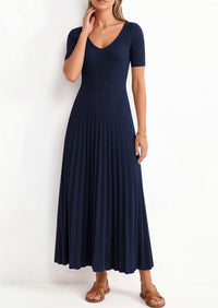 PRETTYGARDEN Women's Spring Midi Sweater Dresses Elegant Pleated Ribbed Knit Short Sleeve V Neck A Line Summer Outfits PRETTYGARDEN