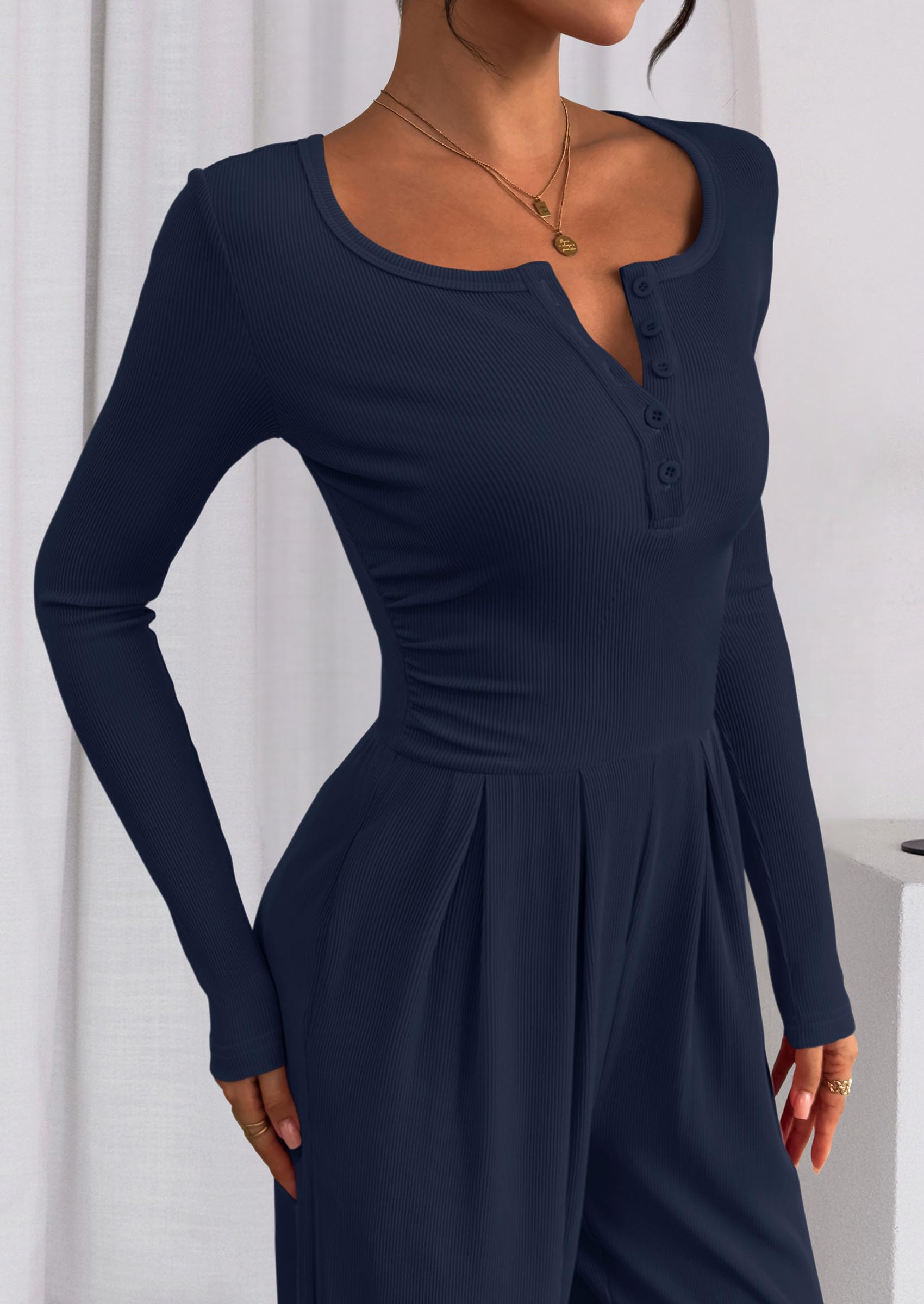 PRETTYGARDEN Jumpsuits for Women Dressy Casual Fall One Piece Outfits Long Sleeve Crew Neck Wide Leg Pants Rompers