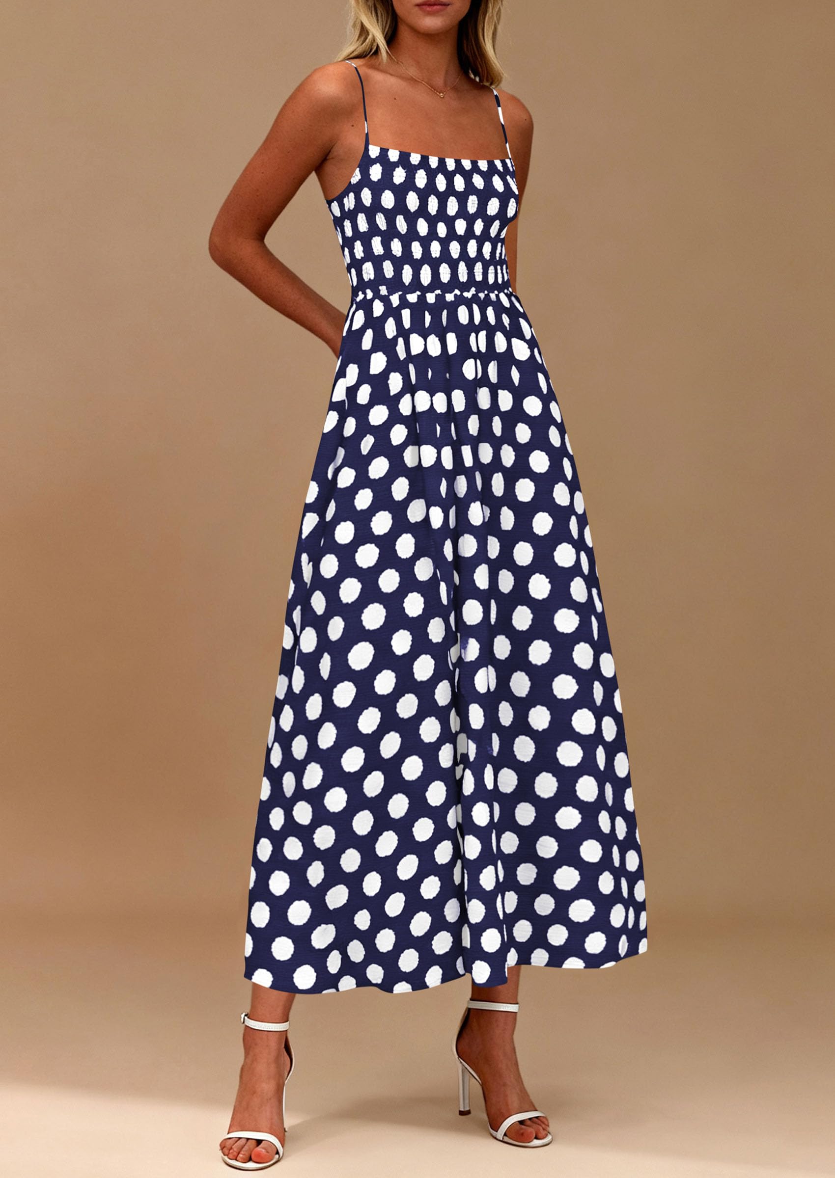 PRETTYGARDEN Womens Summer Dresses Spring Sleeveless Spaghetti Straps Casual Midi Dress Polka Dot Smocked Beach Sundress PRETTYGARDEN