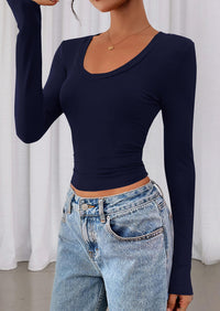 PRETTYGARDEN Womens Long Sleeve T Shirts Fall Trendy Deep V Neck Slim Fit Basic Crop Tops Casual Going Out Top