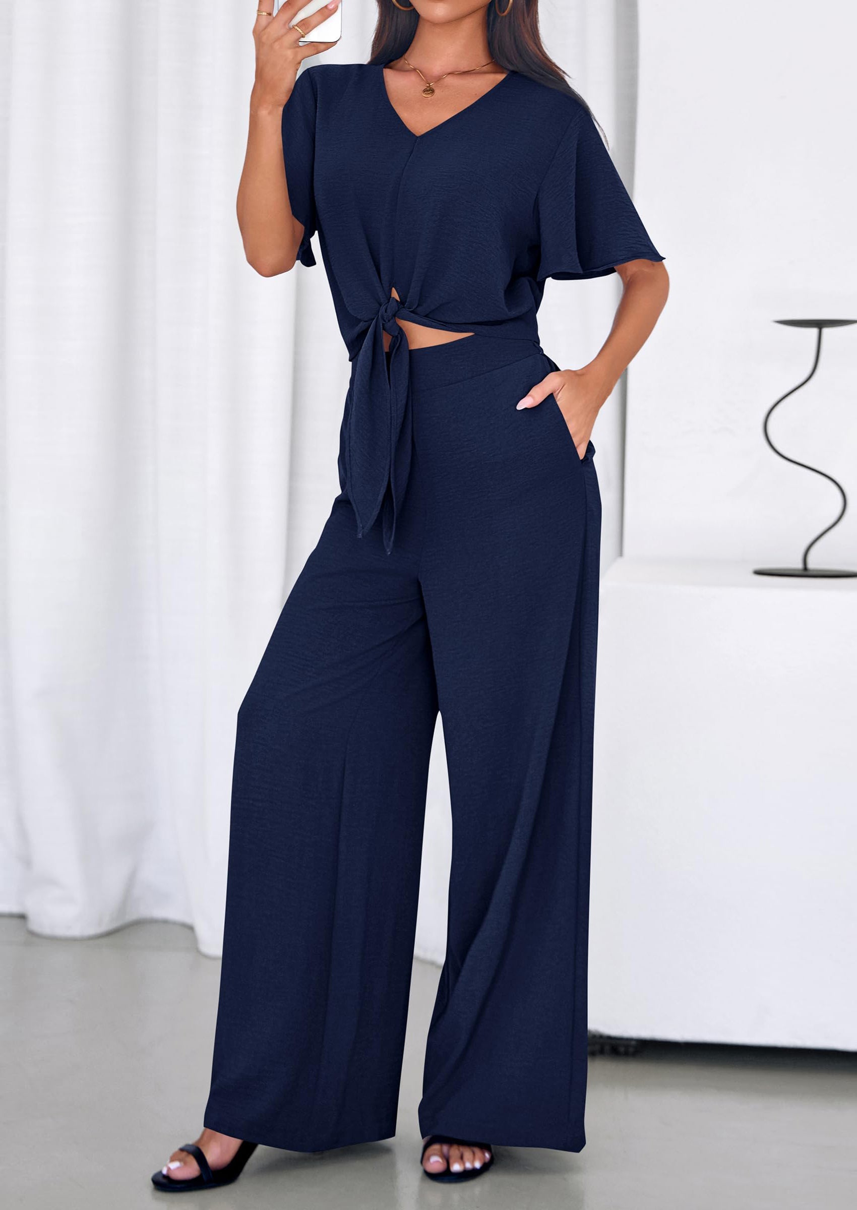 PRETTYGARDEN Women 2 Piece Summer Outfits Short Sleeve Strappy Top Wide Leg Pants Tracksuit Lounge Sets Beach Clothes PRETTYGARDEN