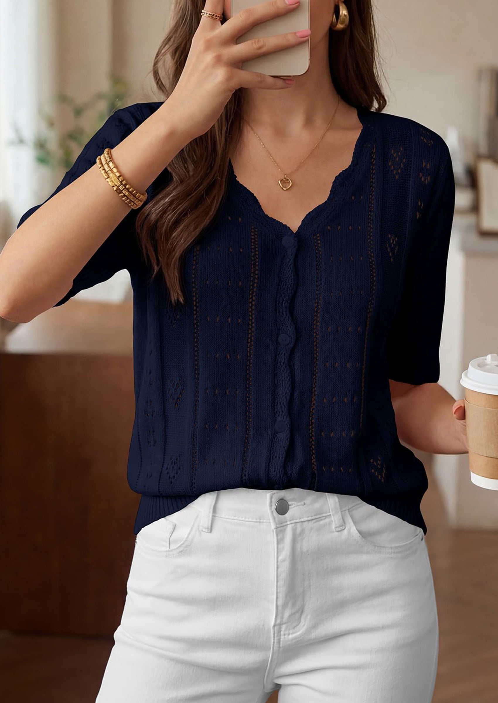 PRETTYGARDEN Womens Short Sleeve Crochet Knit Sweater Spring Fashion Button Down Lightweight Cardigans Summer Tops PRETTYGARDEN