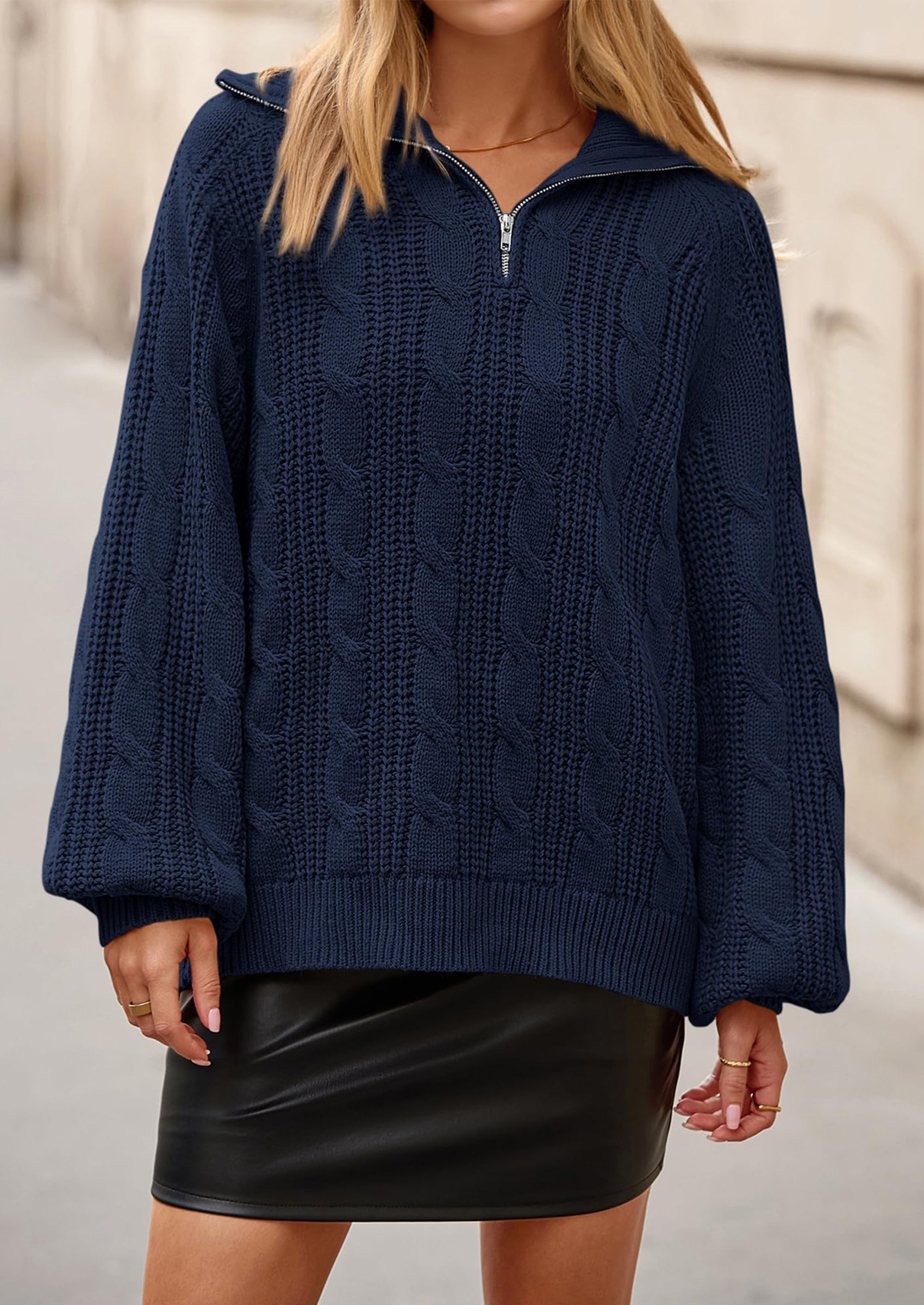 BTFBM Sweaters for Women Fall Fashion Loose Quarter Zip Pullover Collared Long Sleeve Cable Knit Winter Clothes