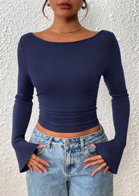 PRETTYGARDEN Women's Long Sleeve Shirts Fall Going Out Tops Casual Boat Neck Bell Sleeve Ribbed Ruched Y2K Clothes