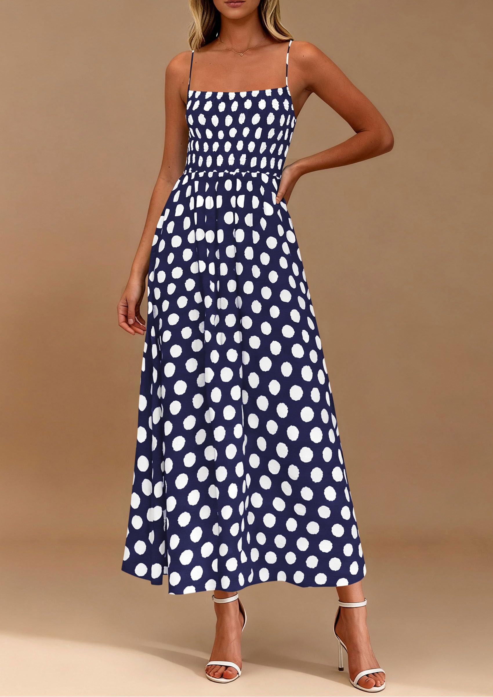 PRETTYGARDEN Womens Summer Dresses Spring Sleeveless Spaghetti Straps Casual Midi Dress Polka Dot Smocked Beach Sundress PRETTYGARDEN