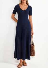 PRETTYGARDEN Women's Spring Midi Sweater Dresses Elegant Pleated Ribbed Knit Short Sleeve V Neck A Line Summer Outfits PRETTYGARDEN