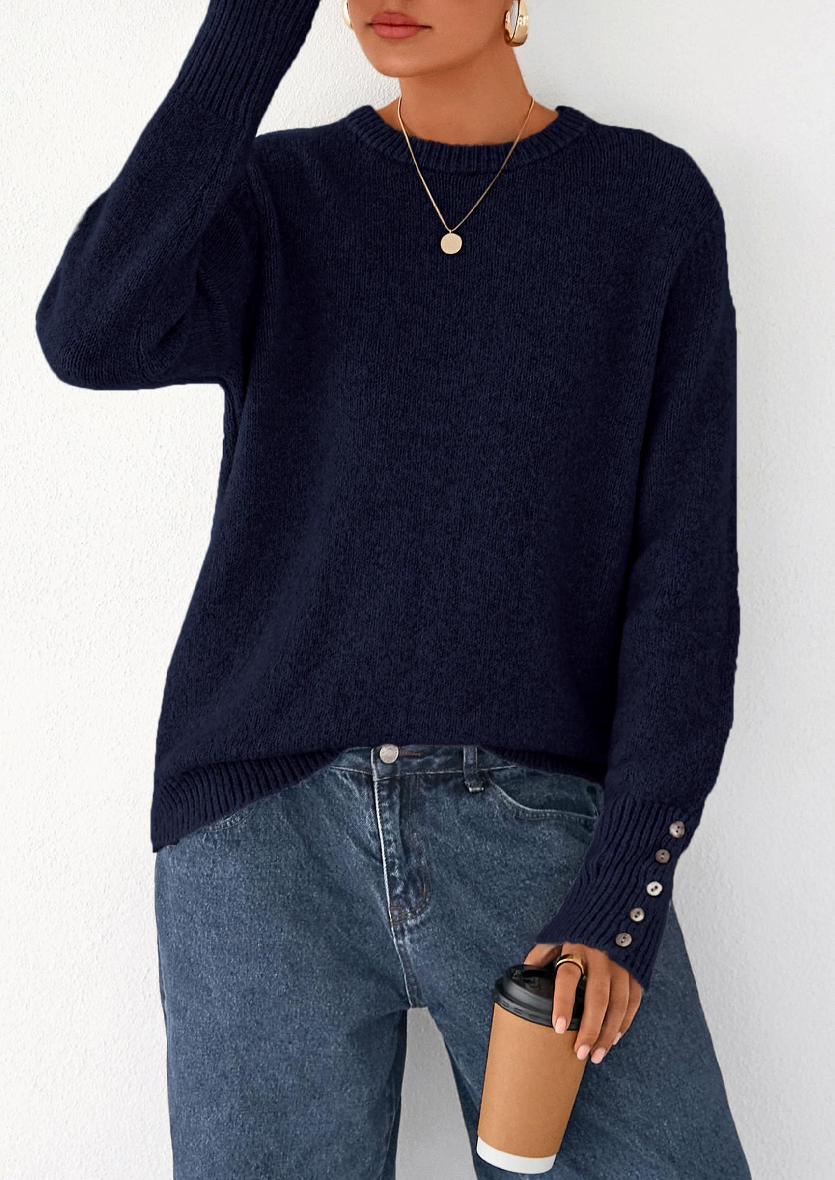 PRETTYGARDEN Womens Sweaters Fall Fashion Casual Crewneck Pullover Button Long Sleeve Cute Knit Tops Winter Clothes