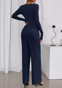PRETTYGARDEN Jumpsuits for Women Dressy Casual Fall One Piece Outfits Long Sleeve Crew Neck Wide Leg Pants Rompers