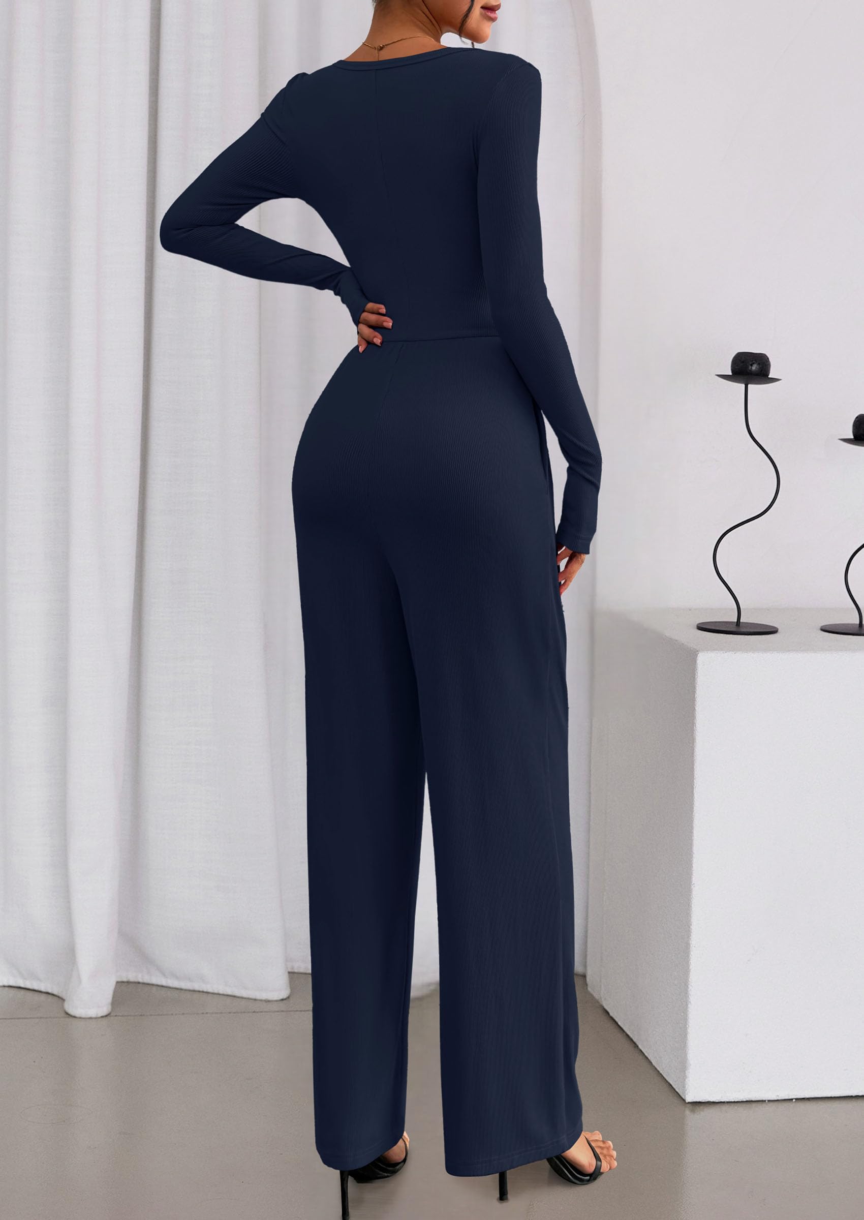 PRETTYGARDEN Jumpsuits for Women Dressy Casual Fall One Piece Outfits Long Sleeve Crew Neck Wide Leg Pants Rompers
