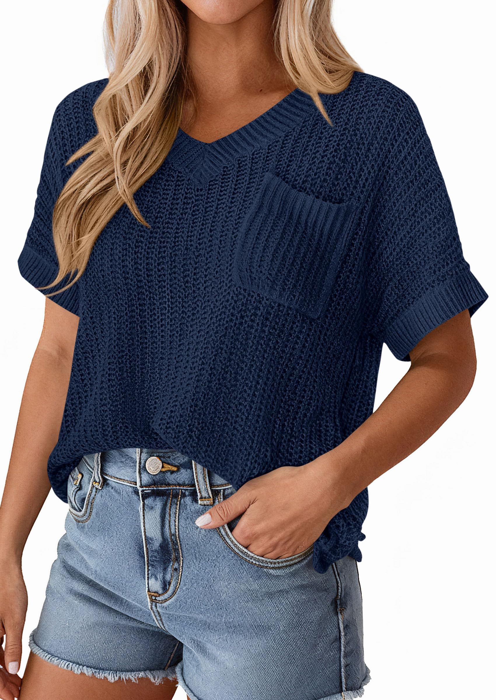 PRETTYGARDEN Women's Spring Short Sleeve Sweaters Lightweight V Neck Casual Going Out Summer T PRETTYGARDEN