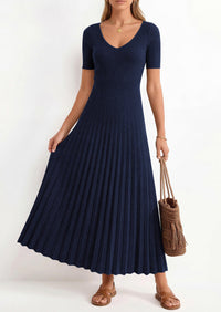 PRETTYGARDEN Women's Spring Midi Sweater Dresses Elegant Pleated Ribbed Knit Short Sleeve V Neck A Line Summer Outfits PRETTYGARDEN