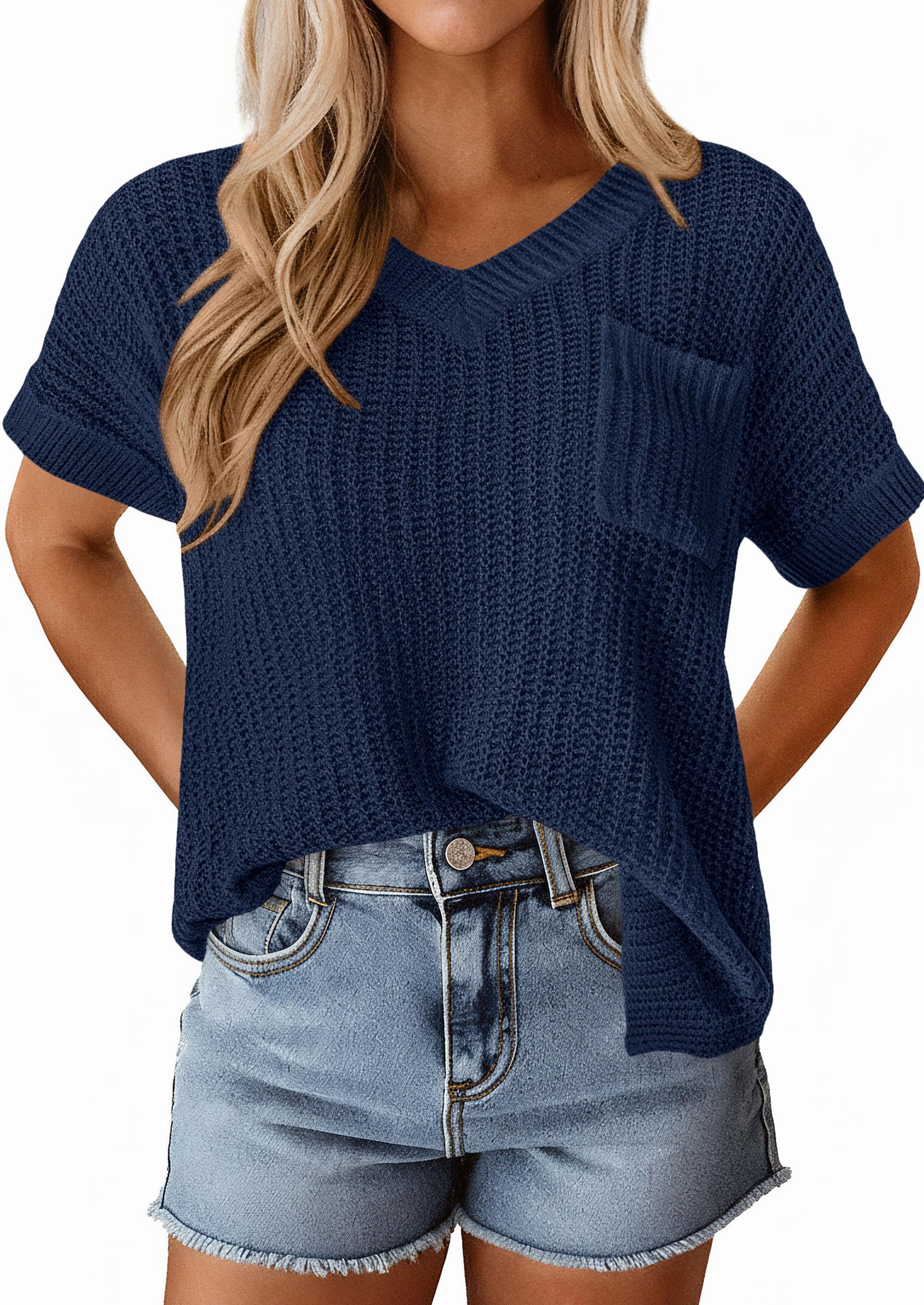 PRETTYGARDEN Women's Spring Short Sleeve Sweaters Lightweight V Neck Casual Going Out Summer T PRETTYGARDEN