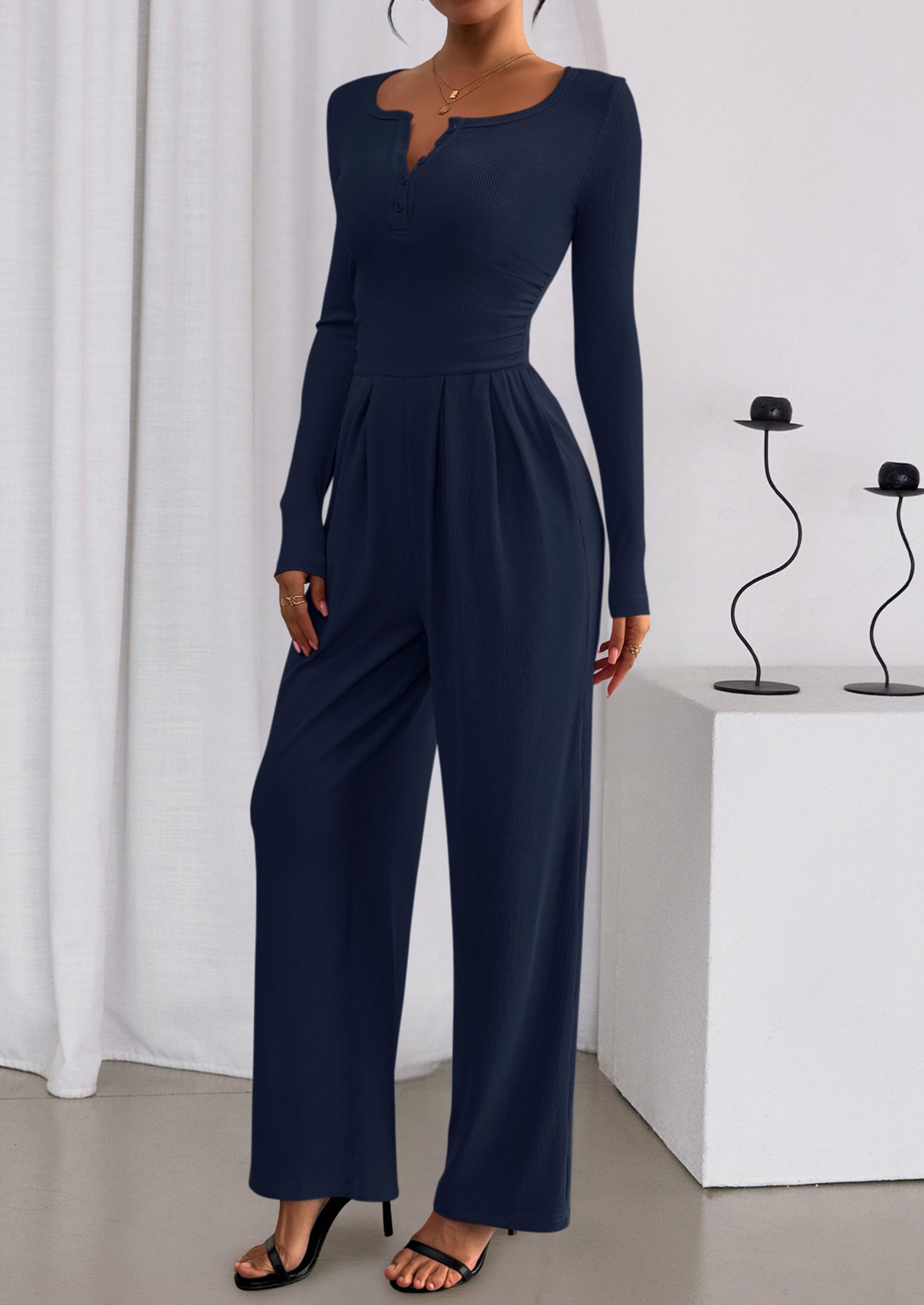 PRETTYGARDEN Jumpsuits for Women Dressy Casual Fall One Piece Outfits Long Sleeve Crew Neck Wide Leg Pants Rompers