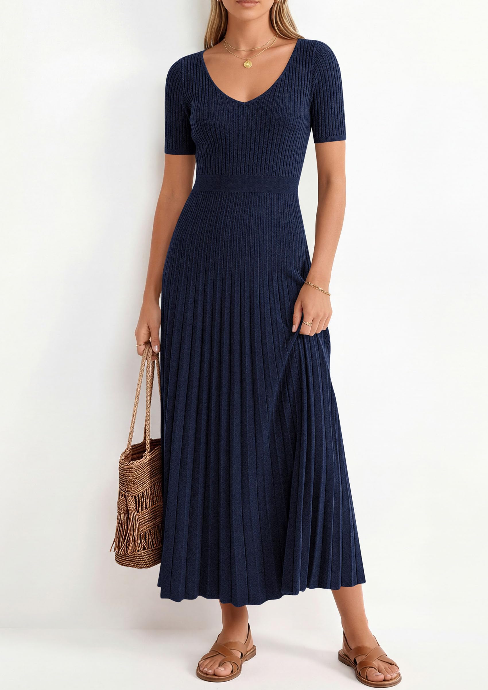 PRETTYGARDEN Women's Spring Midi Sweater Dresses Elegant Pleated Ribbed Knit Short Sleeve V Neck A Line Summer Outfits PRETTYGARDEN