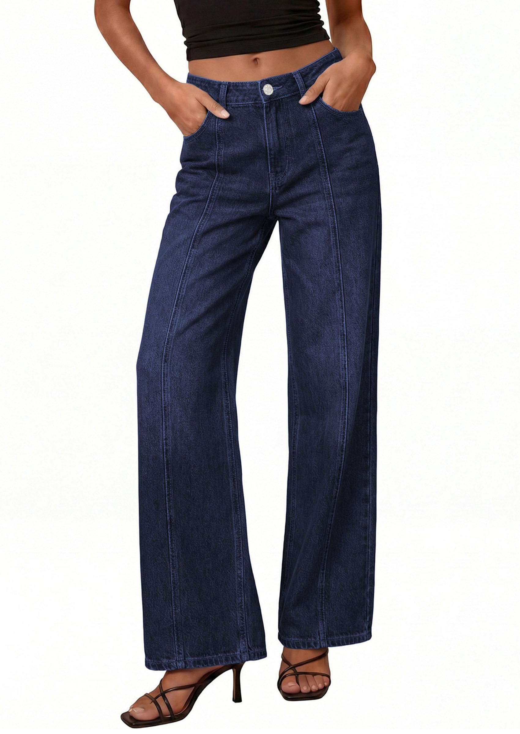 PRETTYGARDEN Women's Wide Leg Jeans High Waisted Stretchy Baggy Seamed Front Denim Palazzo Pants Summer Fashion Clothes