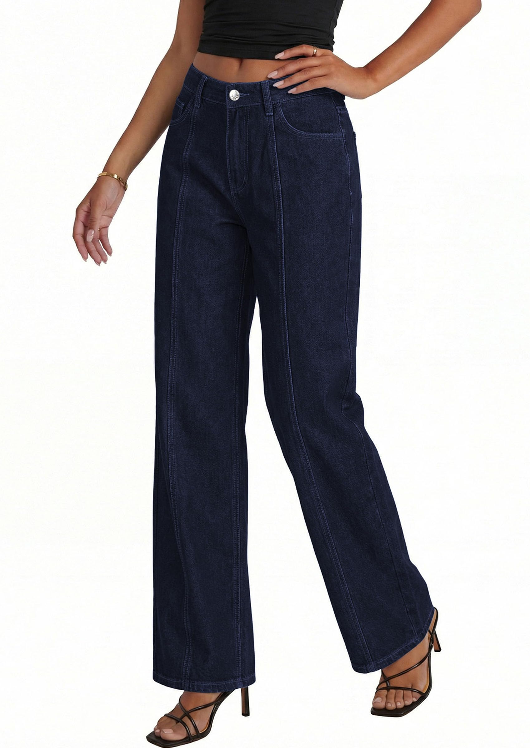 PRETTYGARDEN Women's Wide Leg Jeans High Waisted Stretchy Baggy Seamed Front Denim Palazzo Pants Summer Fashion Clothes