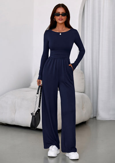 PRETTYGARDEN One Piece Jumpsuits for Women Dressy Casual Long Sleeve Crewneck Wide Leg Romper Overalls Spring Outfits