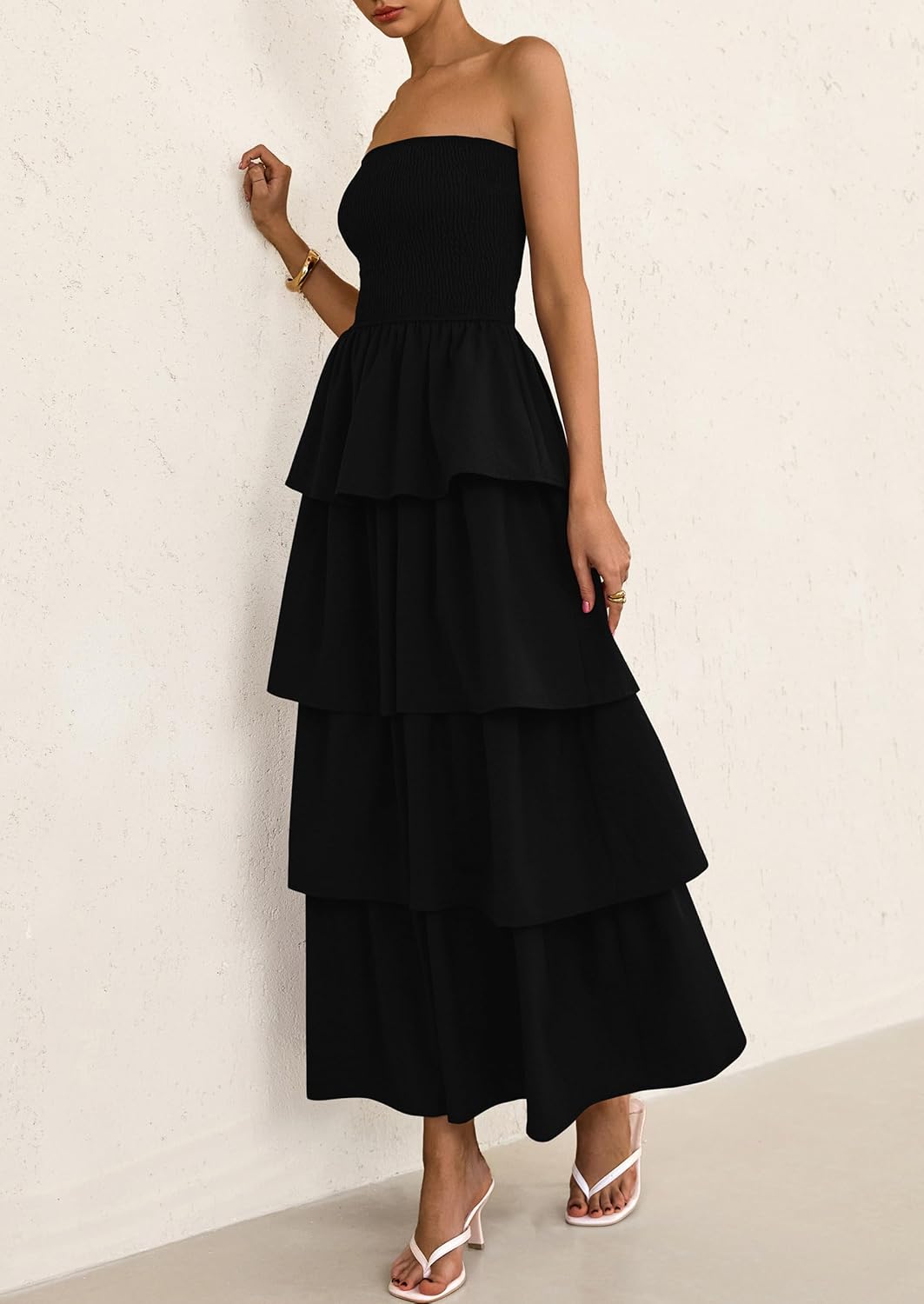 PRETTYGARDEN Maxi Dresses for Women Off Shoulder Smocked Tiered Ruffle Long Flowy Wedding Guest Dress