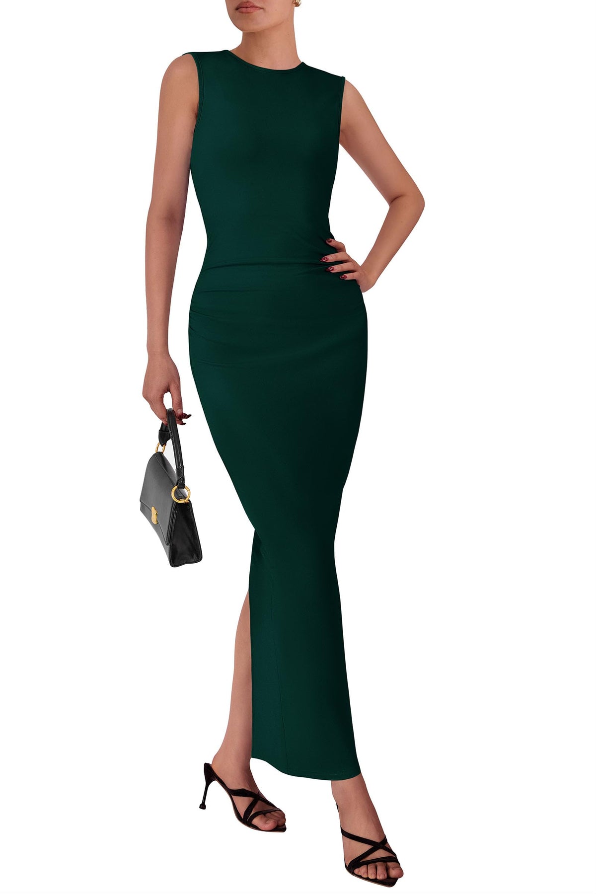 Women's Summer Wedding Guest Dresses 2025 Sleeveless Ruched Bodycon Fitted Maxi Long Cocktail Dress with Slit