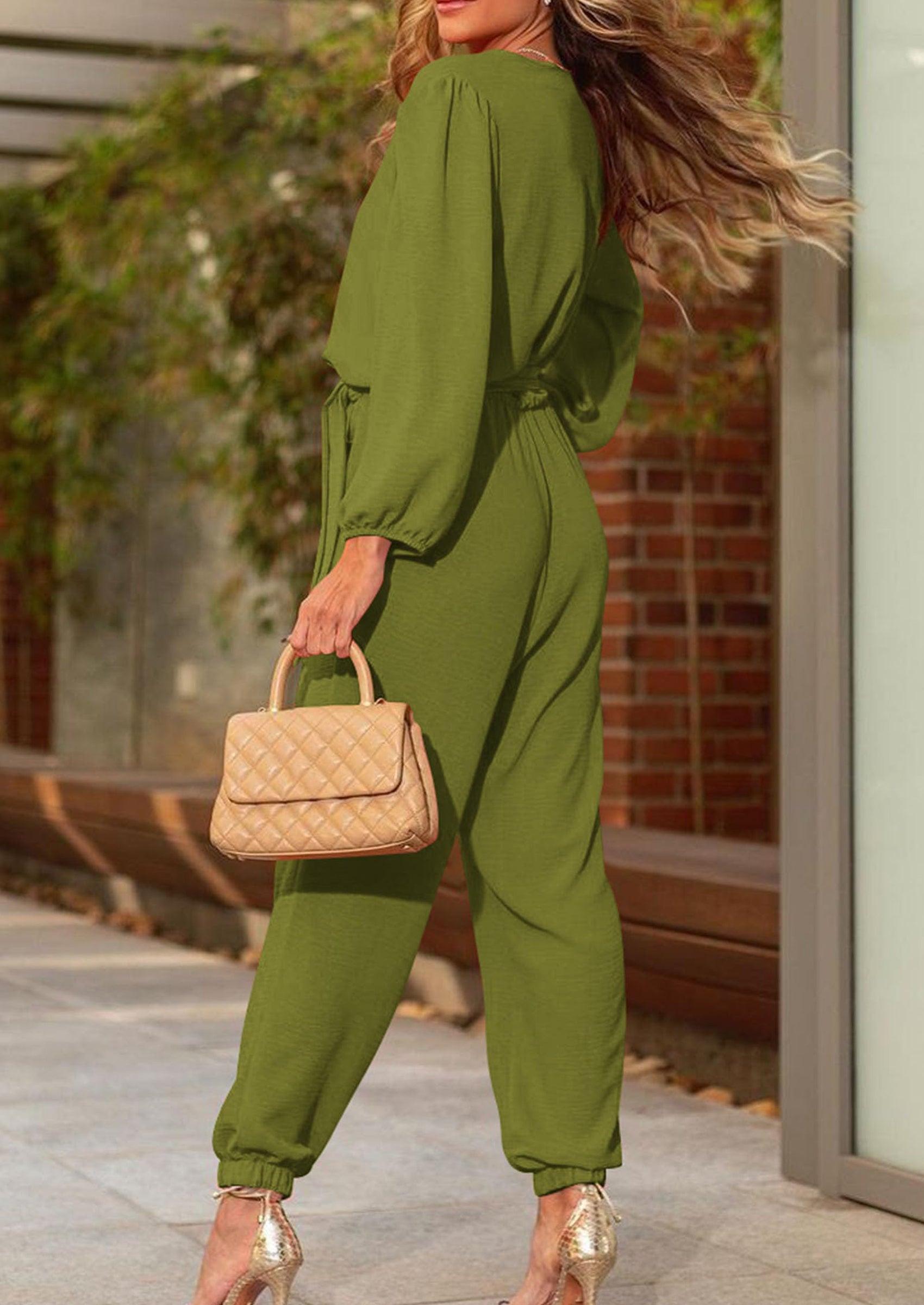 PRETTYGARDEN Women's Fall Jumpsuits Dressy Casual Pants Romper Spring Long Sleeve V Neck Belt Pockets One Piece Outfits