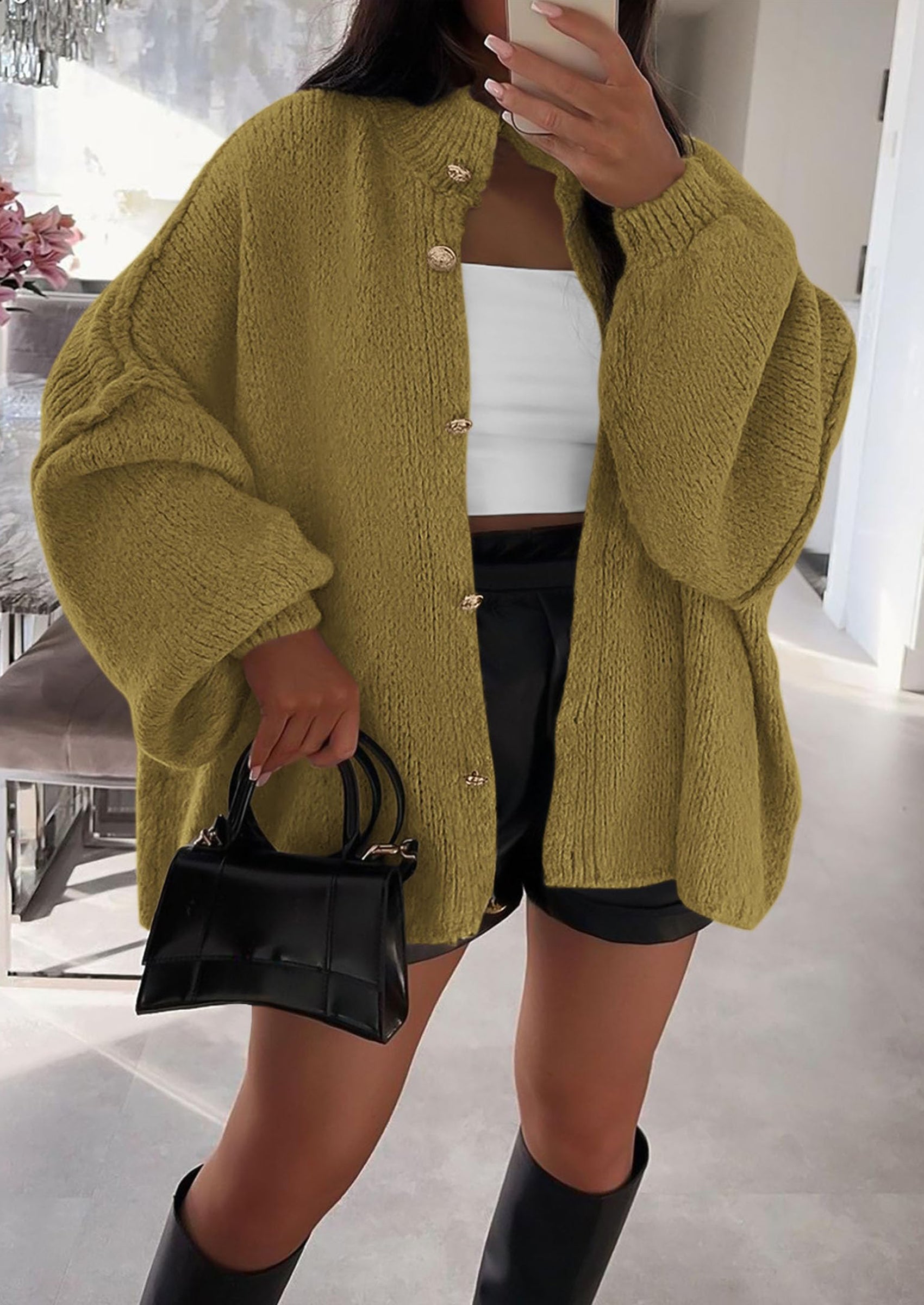 PRETTYGARDEN Women's Winter Button Down Cardigan Sweaters Mock Neck Lantern Long Sleeve Chunky Knit Jacket Trendy Outerwear