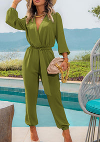 PRETTYGARDEN Women's Fall Jumpsuits Dressy Casual Pants Romper Spring Long Sleeve V Neck Belt Pockets One Piece Outfits