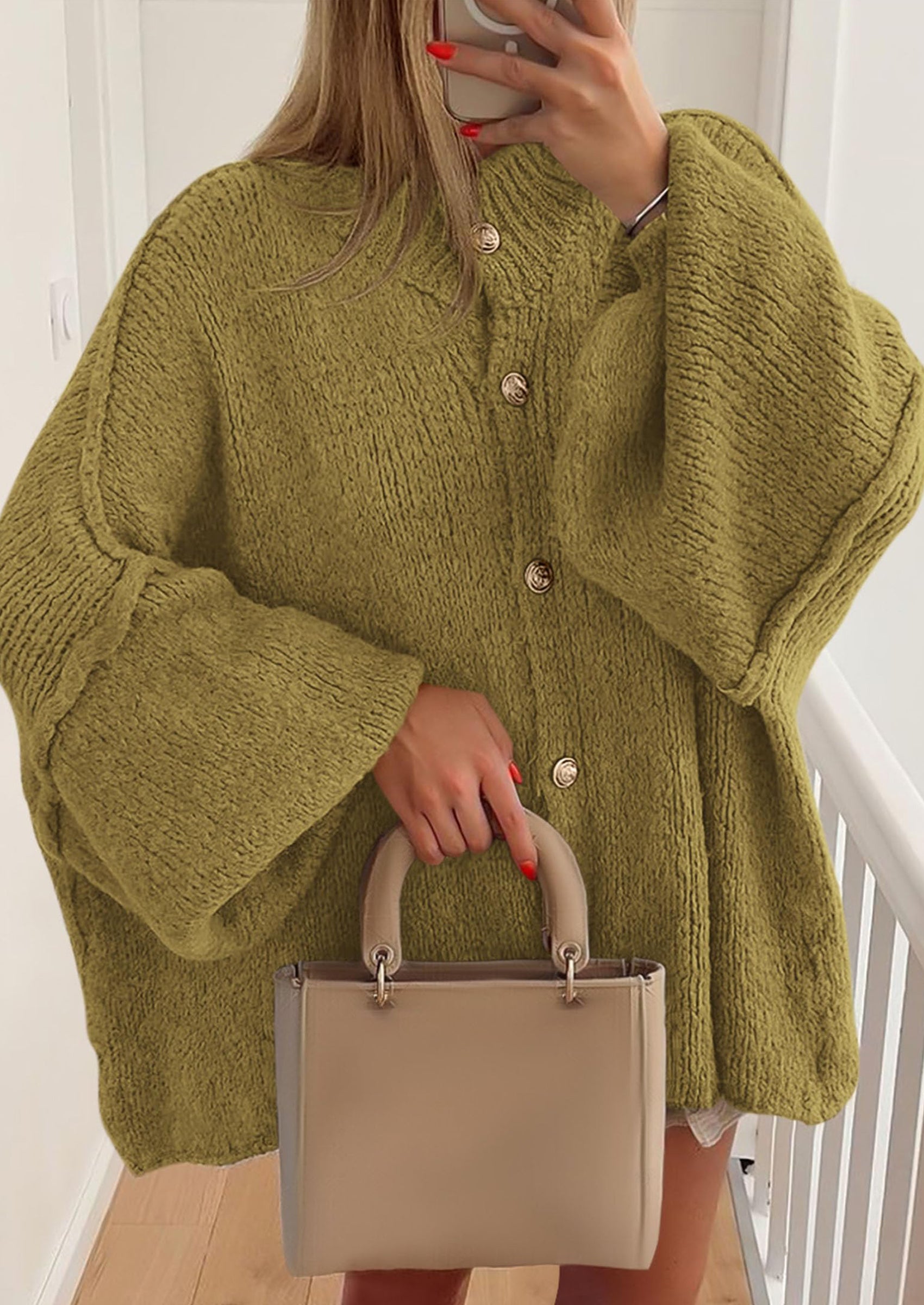 PRETTYGARDEN Women's Winter Button Down Cardigan Sweaters Mock Neck Lantern Long Sleeve Chunky Knit Jacket Trendy Outerwear