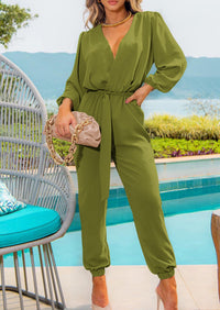 PRETTYGARDEN Women's Fall Jumpsuits Dressy Casual Pants Romper Spring Long Sleeve V Neck Belt Pockets One Piece Outfits