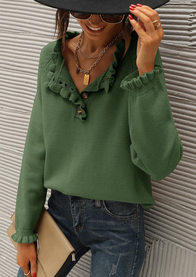 BTFBM Womens Sweaters Fall Winter Clothes 2025 Long Sleeve Button Down Ruffle Crew Neck Casual Knitted Pullover Tops PRETTYGARDEN