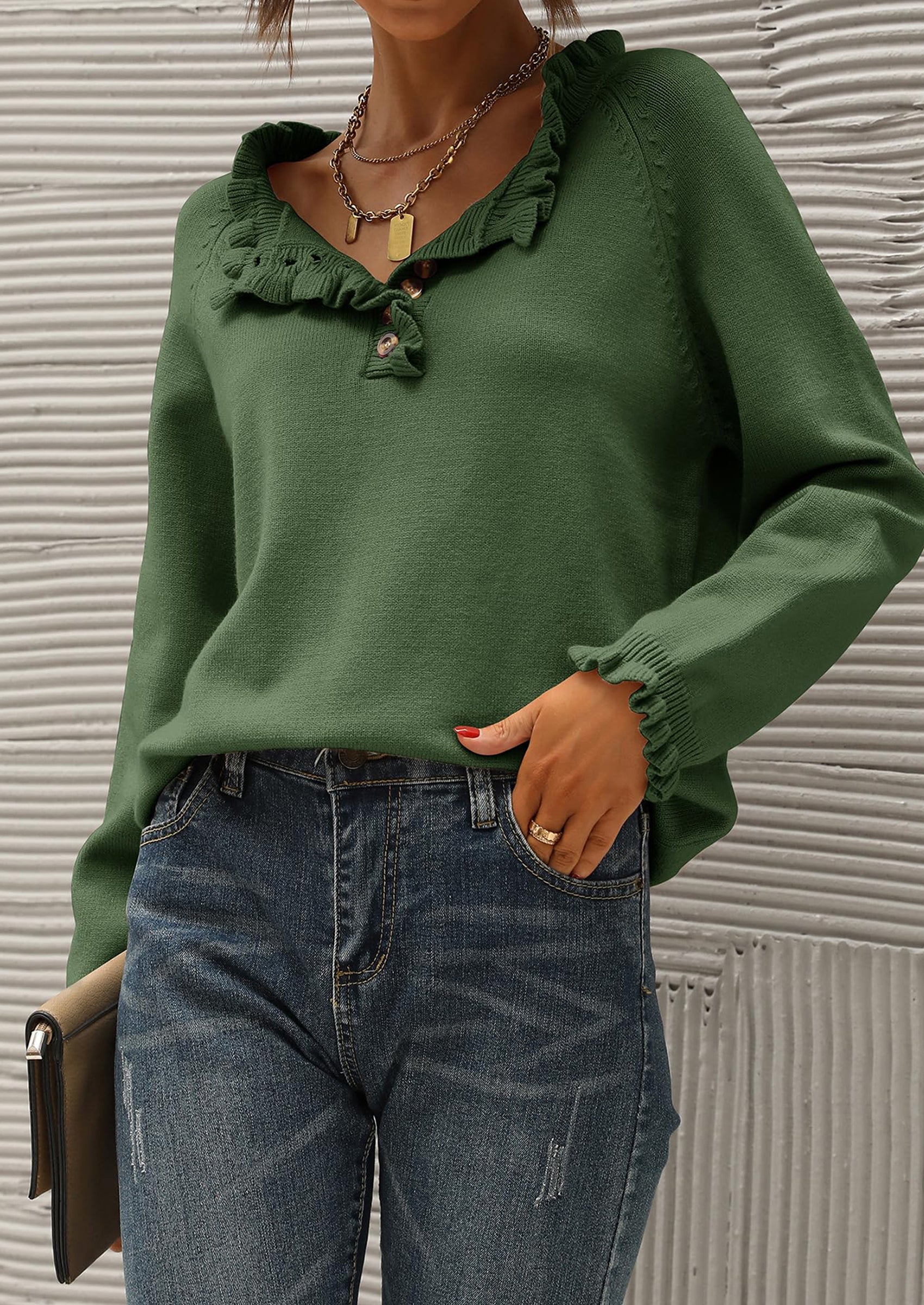 BTFBM Womens Sweaters Fall Winter Clothes 2025 Long Sleeve Button Down Ruffle Crew Neck Casual Knitted Pullover Tops PRETTYGARDEN