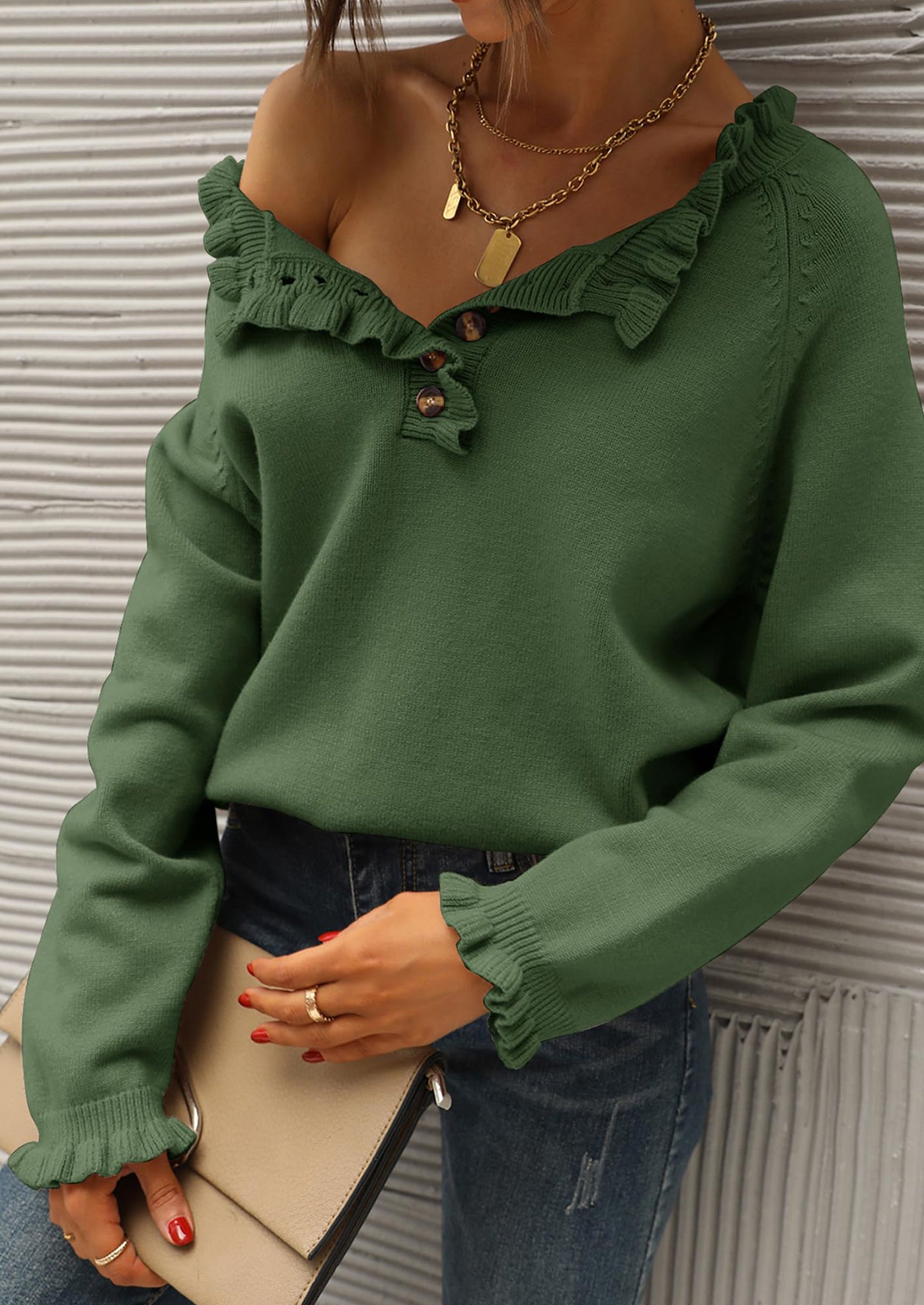 BTFBM Womens Sweaters Fall Winter Clothes 2025 Long Sleeve Button Down Ruffle Crew Neck Casual Knitted Pullover Tops PRETTYGARDEN