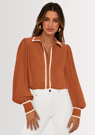 PRETTYGARDEN Womens Long Sleeve Button Down Shirts Trendy V Neck Loose Fit Fall Tops Collared Dressy Casual Blouses