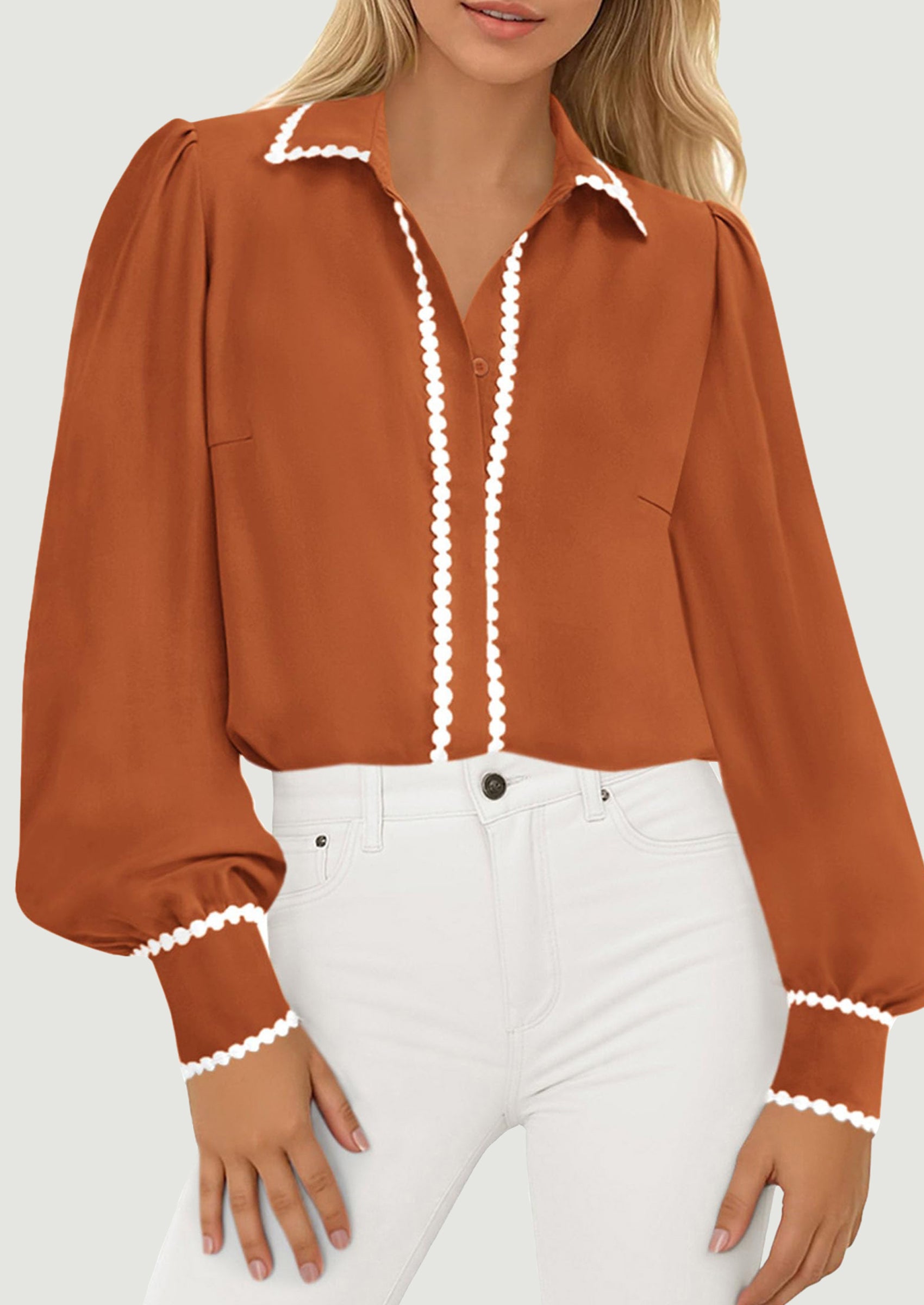 PRETTYGARDEN Womens Long Sleeve Button Down Shirts Trendy V Neck Loose Fit Fall Tops Collared Dressy Casual Blouses