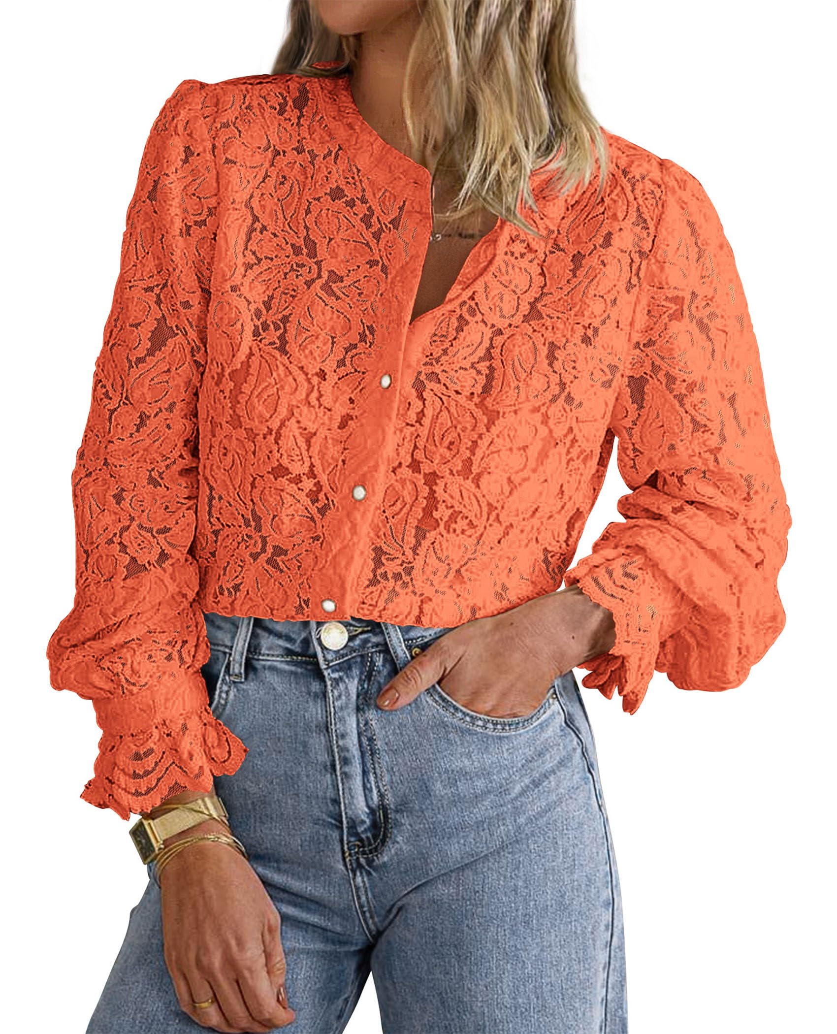 PRETTYGARDEN Women's Dressy Casual Lace Blouse Long Sleeve Button Up Shirts Tops Spring Fall Fashion Clothes