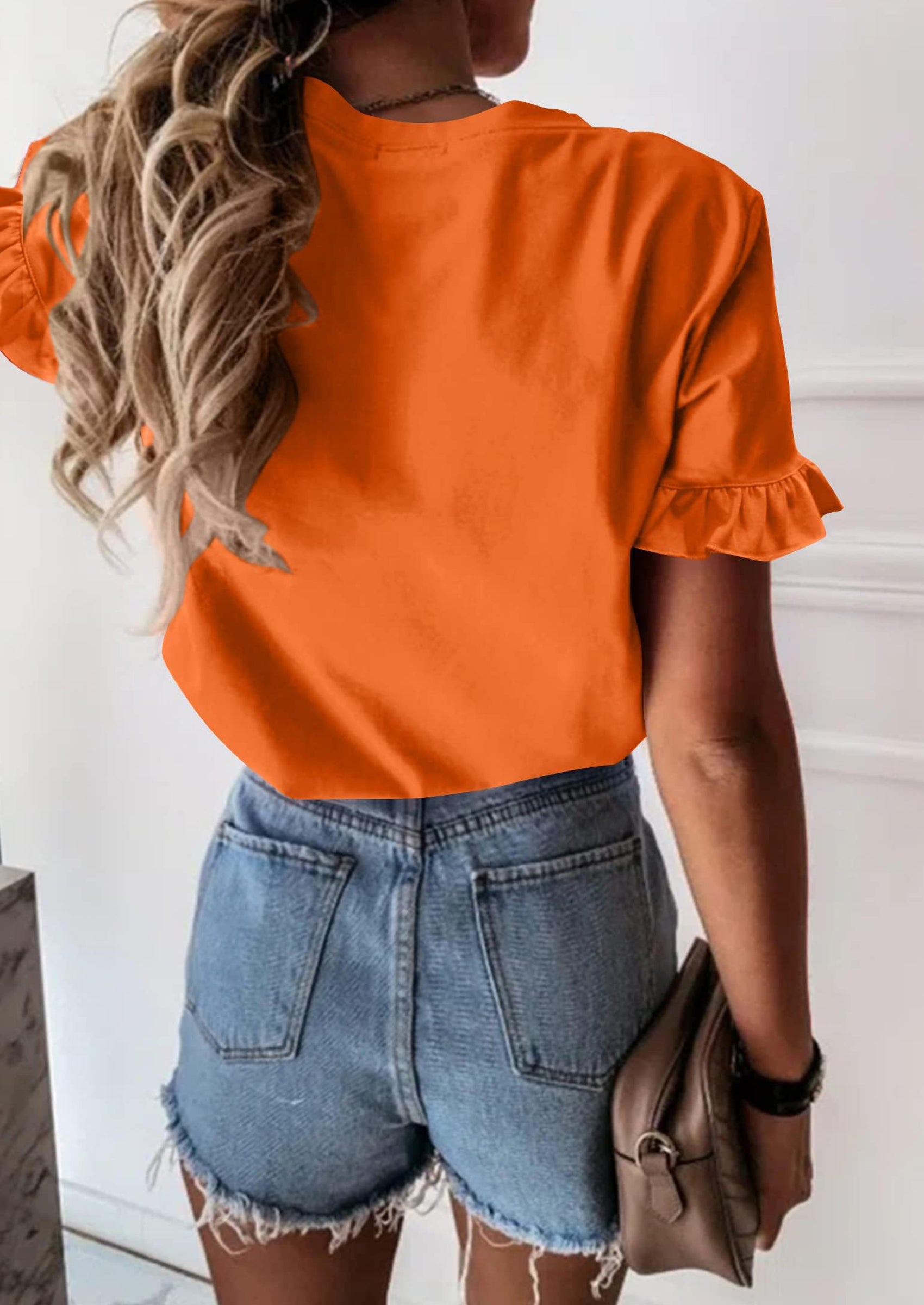 PRETTYGARDEN Women's Short Sleeve Casual T Shirts Summer Ruffle Plain Round Neck Loose Fit Tee Blouse Tops