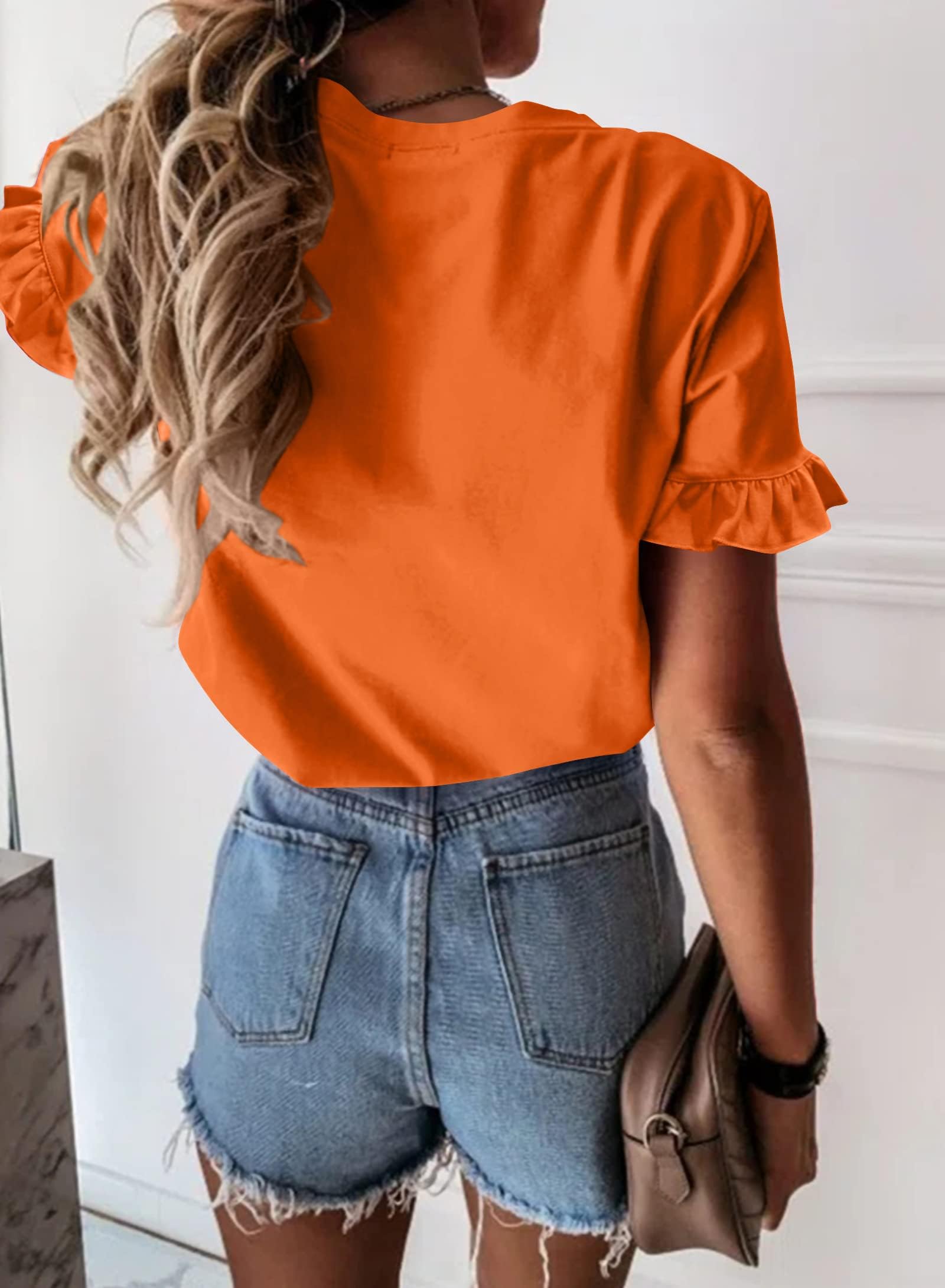 PRETTYGARDEN Women's Short Sleeve Casual T Shirts Summer Ruffle Plain Round Neck Loose Fit Tee Blouse Tops PRETTYGARDEN