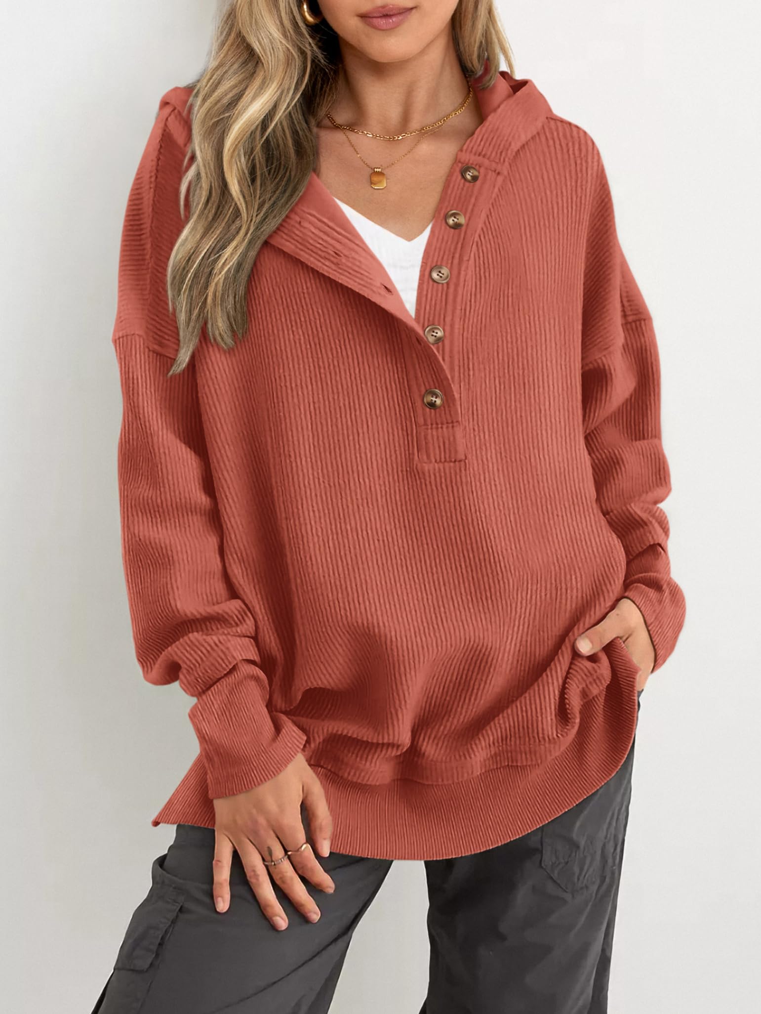 PRETTYGARDEN Womens Fashion Oversized Long Sleeve Hoodie Button Down V Neck Sweatshirt Side Slit Casual Pullover Tops PRETTYGARDEN