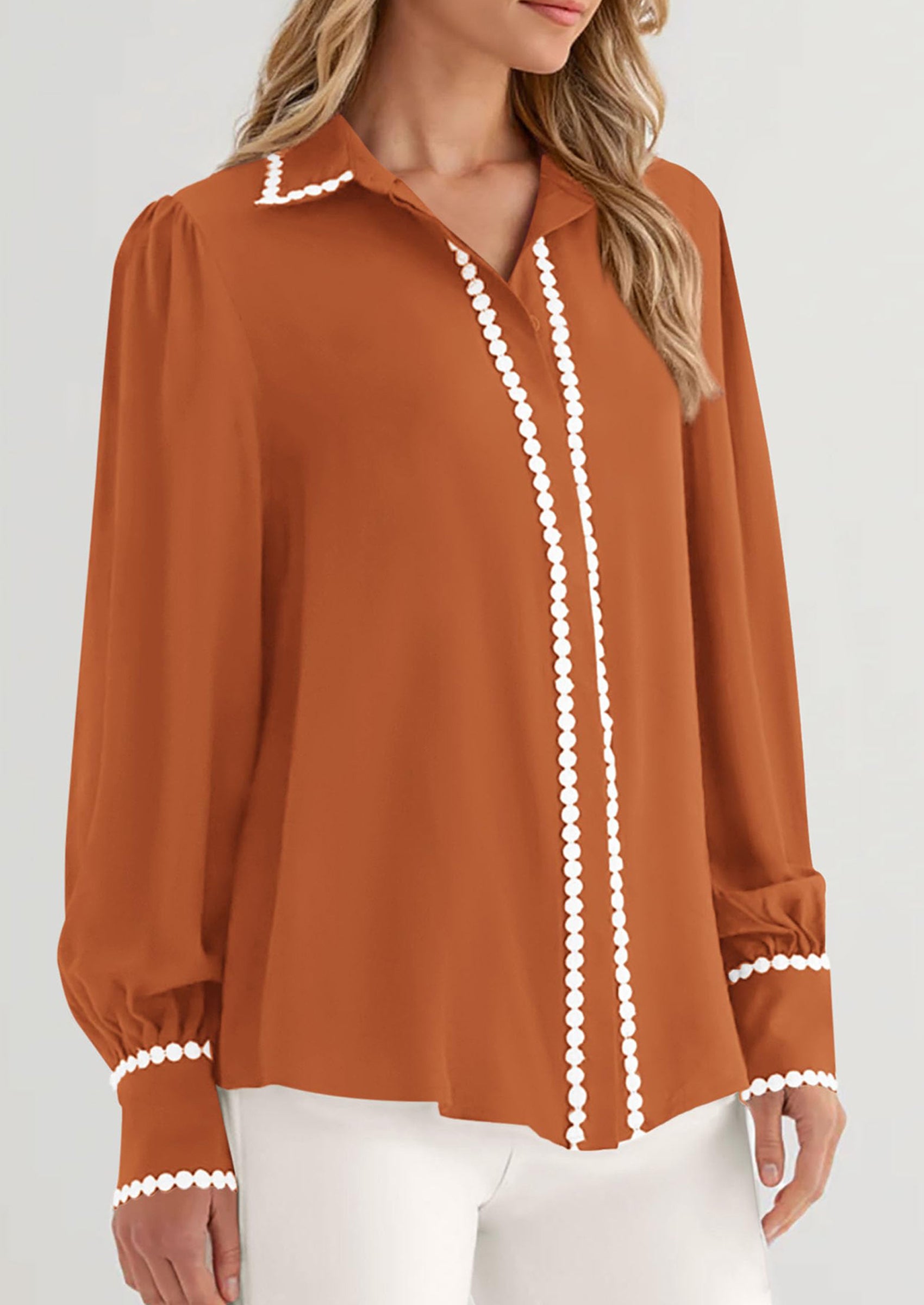 PRETTYGARDEN Womens Long Sleeve Button Down Shirts Trendy V Neck Loose Fit Fall Tops Collared Dressy Casual Blouses