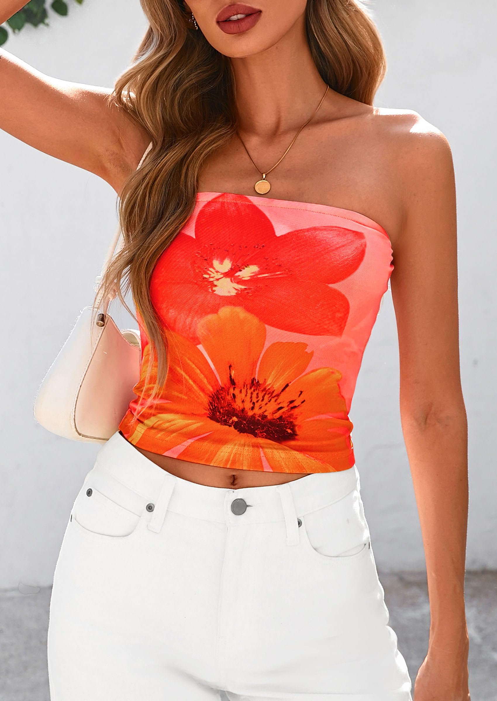 PRETTYGARDEN Strapless Tube Tops for Women Summer Mesh Floral Y2K Bandeau Cute Crop Top Trendy Going Out Outfits